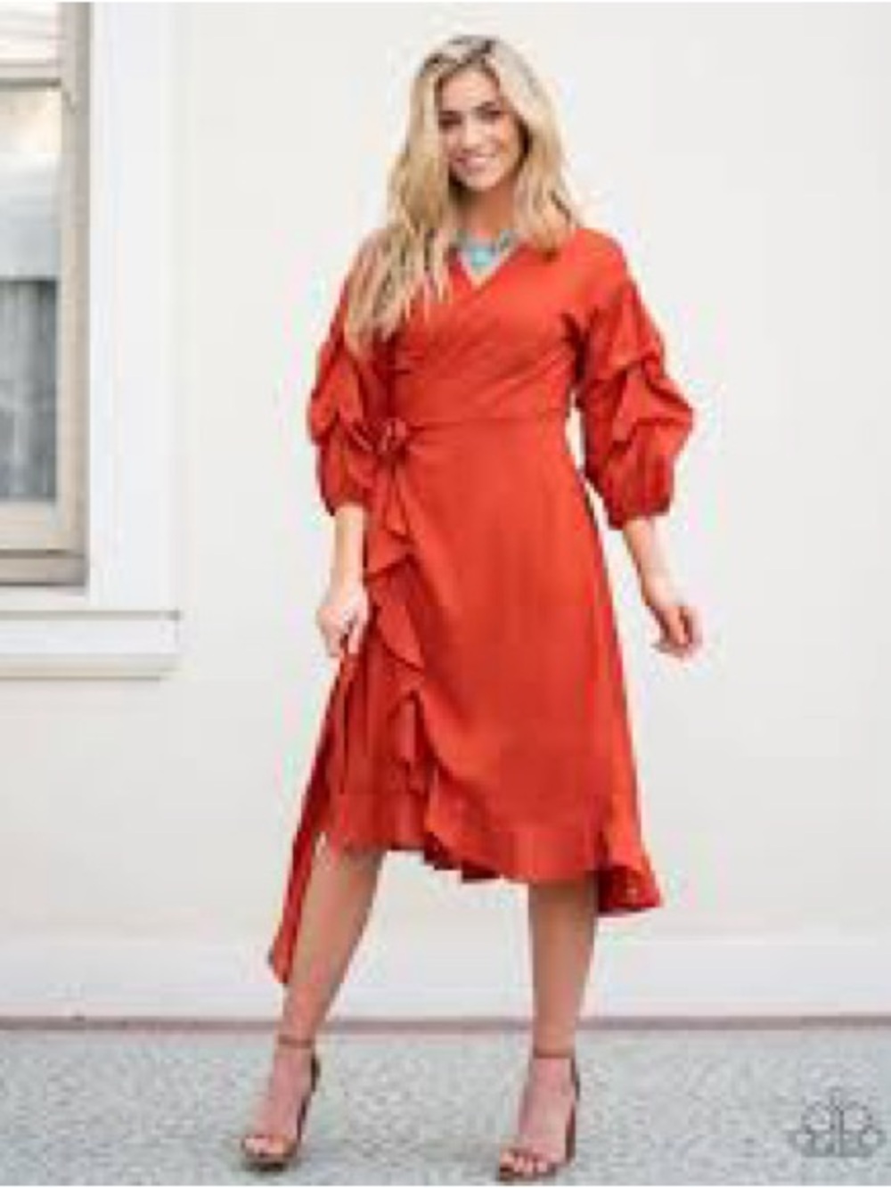 Hayden Burnt Orange Wrap Dress with Puff Sleeves-L